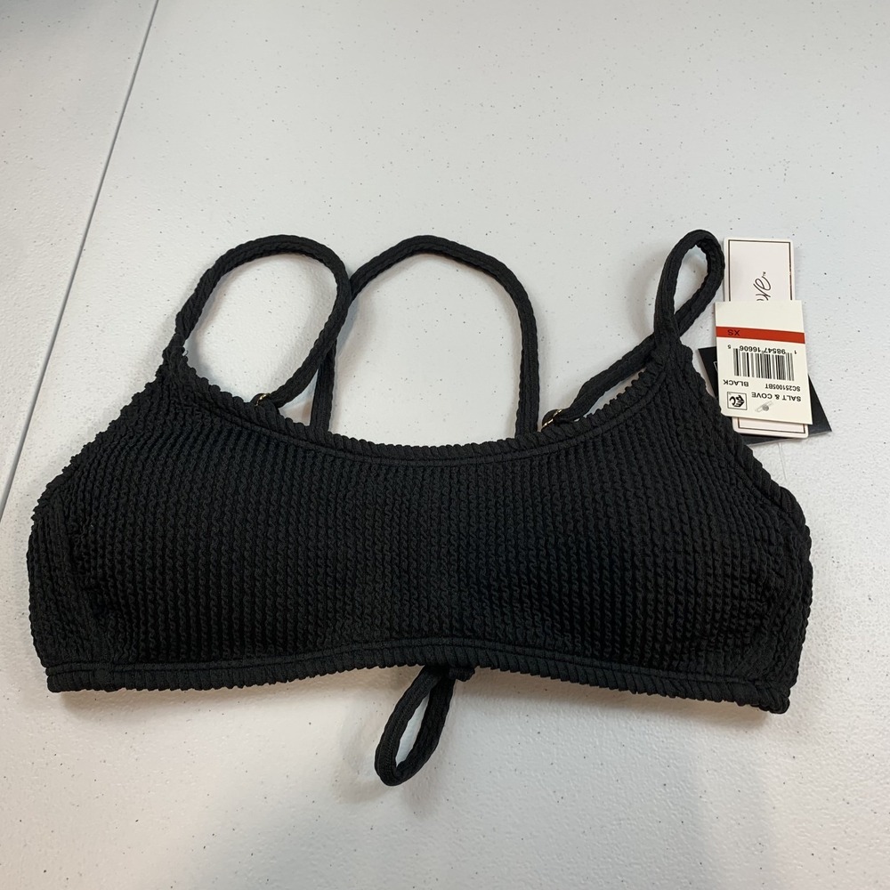 Salt & Cove Junior's Swim Bikini Top XS Black Bralette Ribbed Tie Back